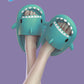Model Wearing Aqua Blue Shark Slippers