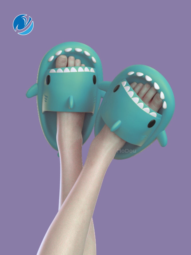 Model Wearing Aqua Blue Shark Slippers