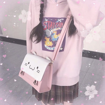 Model With Kawaii Pink and white Pink Cat Crossbody Bag