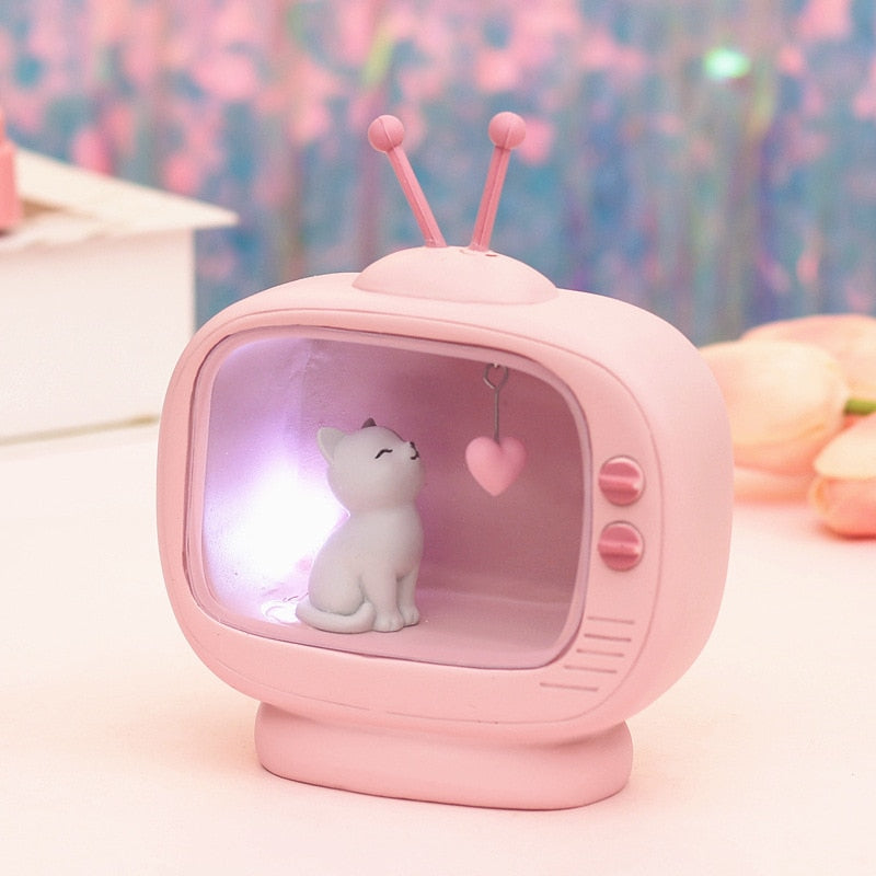 Kawaii Pink Cat in a TV Night Light