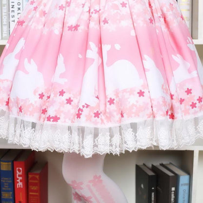 Kawaii Bunny & Cherry Blossom Lolita Skirt Hemline With Lace