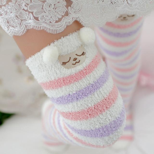 Kawaii Pink and Pastel Purple Striped Knee High Cozy Socks
