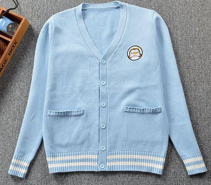 Kawaii Blue Knit Cardigan With Penguin Embroidery