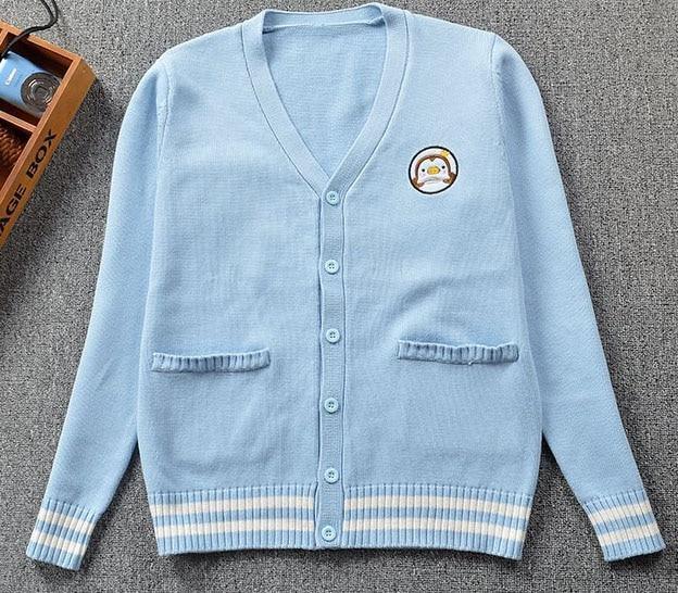 Kawaii Blue Knit Cardigan With Penguin Embroidery