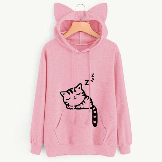 Kawaii Pink Sleeping Cat Hoodie with Ears