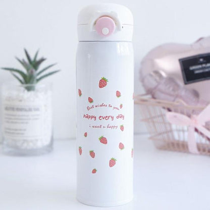Kawaii White Thermos Bottle With Strawberries on it